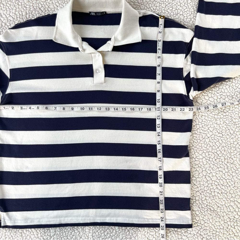 Zara Navy White Striped Long-Sleeve Cotton Rugby Preppy Polo Shirt Top SZ L - Picture 6 of 11